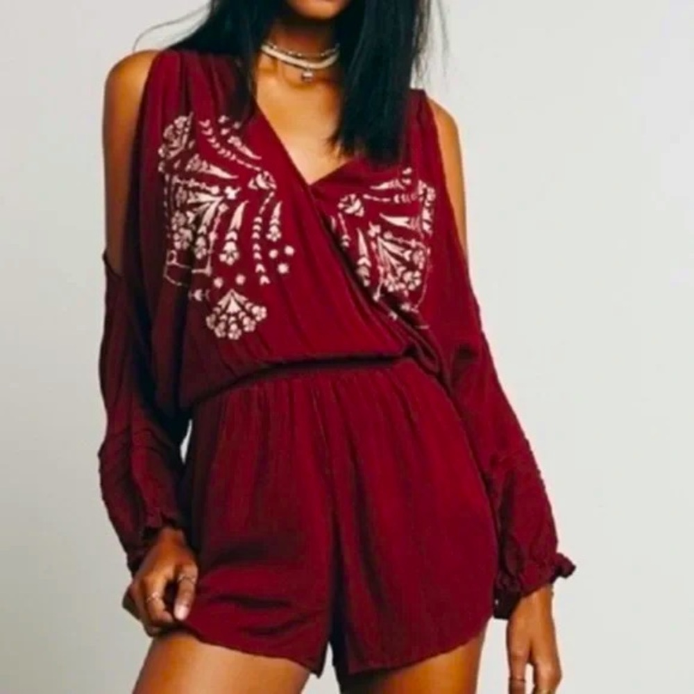 Free People Love Is All Around Embroidered Crochet Gauze Maroon Romper